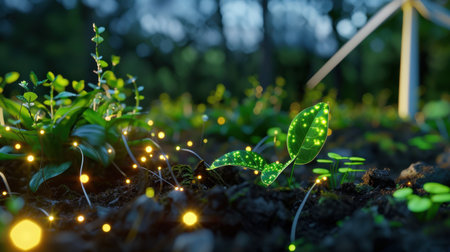 A vibrant scene capturing glowing green plants sprouting from rich soil, softly illuminated, with a wind turbine in the background showcasing the harmony of nature and sustainable energy.の素材