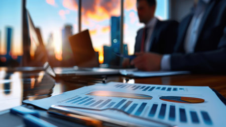 A professional business meeting takes place at sunset, featuring financial reports and charts on the table, with a blurred cityscape in the background, representing collaboration and strategy.の素材