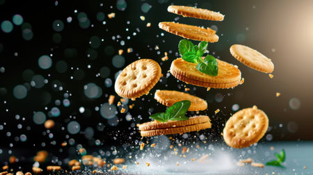 An artistic shot of cookies flying through the air with fresh mint leaves, surrounded by sparkling dust and soft lights, ideal for culinary articles and advertisements.の素材