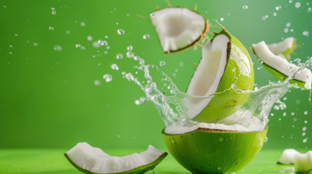 This dynamic image captures a fresh green coconut splashing water droplets against a vivid green background, emphasizing hydration and tropical freshness. Perfect for food and wellness themes.の素材