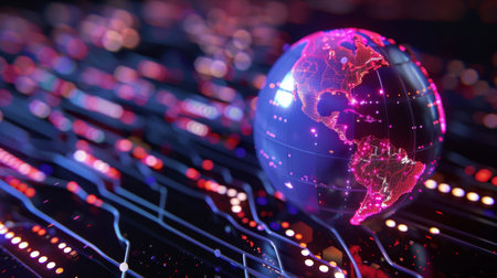 A stunning digital globe representation showcasing the Americas, surrounded by vibrant lines of light, symbolizing global connectivity and the flow of information in a high-tech atmosphere.の素材