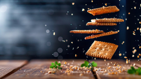 A captivating image of crackers floating above a wooden surface with scattered crumbs, showcasing a perfect blend of culinary art and visual appeal for food enthusiasts.の素材