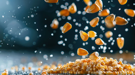 Captivating image of yellow corn kernels gracefully falling and splashing into white granules on a dark background, showcasing a dynamic food scene with vibrant detail.の素材
