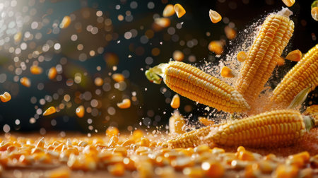 Captivating image of fresh corn kernels exploding in motion, showcasing the vibrant colors and textures of agricultural beauty in a dynamic and artistic way.の素材