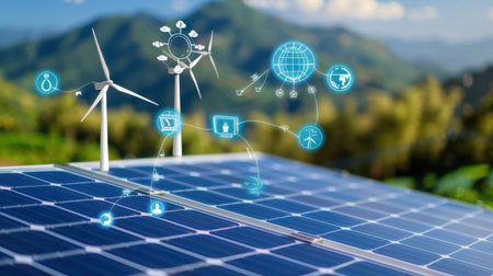 Modern renewable energy technology showcases solar panels and wind turbines in a vibrant landscape, symbolizing sustainability and innovation for a greener future.の素材
