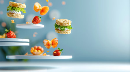 An eye-catching display of floating snacks and fresh fruits, showcasing vibrant colors and textures. Perfect for highlighting culinary creativity and summer delights.の素材