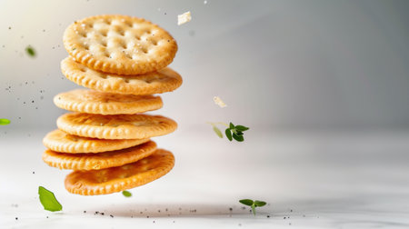 A captivating composition of floating crackers surrounded by herbs, showcasing unique textures and delightful details, ideal for food enthusiasts and culinary creatives.の素材