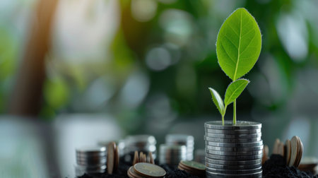 A fresh green plant emerges from a stack of coins, symbolizing the connection between financial investment and sustainable growth, highlighting the importance of eco-friendly practices.の素材