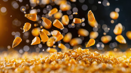 This stunning image captures corn kernels gracefully falling against a dynamic bokeh background, showcasing the purity of nature and the beauty of agricultural harvest.の素材