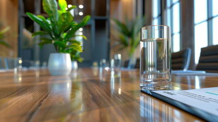 A serene conference room featuring a glass of water on a polished wooden table, complemented by vibrant green plants and abundant natural light, perfect for productive meetings.の素材