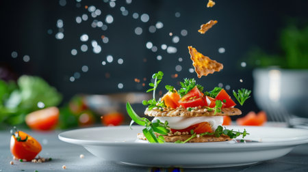 A stunning layered dish featuring fresh vegetables and crispy toppings. Perfect for culinary photography and showcasing vibrant ingredients in a beautiful setting.の素材