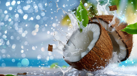 A vibrant image of a coconut splitting open with a splash of water, surrounded by green leaves, symbolizing freshness and tropical appeal, perfect for beverage concepts and culinary inspiration.の素材