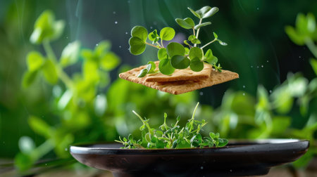 A captivating arrangement featuring fresh herbs and a crisp cracker that appears to float on a plate, surrounded by lush green foliage, highlighting culinary creativity.の素材