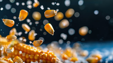 A dynamic scene of golden corn kernels falling amidst a sprinkle of salt, creating an eye-catching composition suitable for various culinary and advertising themes.の素材