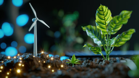 A captivating scene featuring a miniature wind turbine and lush green plants in rich soil, symbolizing the blend of technology and nature for a sustainable future.の素材
