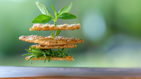A captivating image of floating crackers adorned with fresh herbs, showcasing a blend of culinary artistry and natural elements in a vibrant green setting. Ideal for food enthusiasts.の素材