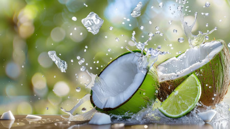 A vibrant and refreshing image featuring a coconut cut in half with lime, creating an enticing splash of water, ideal for beverage and tropical cuisine themes.の素材