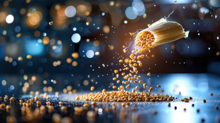 Captivating close-up of golden corn kernels cascading from a cob against a blurred sparkling background, showcasing natureの素材