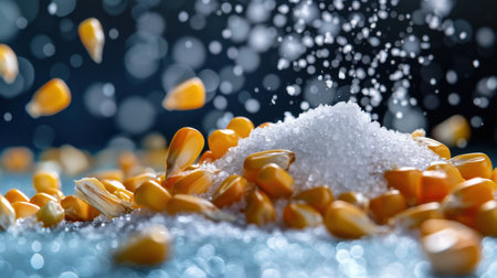 This captivating image features bright yellow corn kernels sprinkled with granulated sugar, creating a vibrant scene perfect for culinary inspiration and food-related themes.の素材