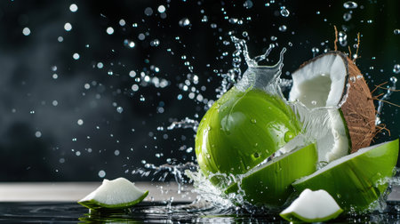 A dynamic scene showcasing a green coconut and its splashes in water, capturing the essence of freshness and tropical allure, ideal for food and lifestyle themes.の素材