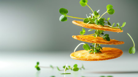 Captivating image of crispy circular chips with fresh green sprouts, creating a vibrant and modern culinary presentation perfect for food marketing or restaurant menus.の素材