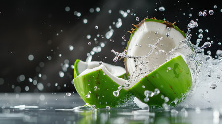 A stunning image of a fresh coconut splitting open, releasing a spectacular splash of water that captures the essence of vibrant tropical freshness and natural delight.の素材