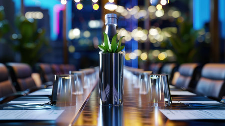 A stunning conference table set for a corporate event, featuring an elegant cocktail shaker and a succulent, with a backdrop of urban evening lights for a sophisticated ambiance.の素材