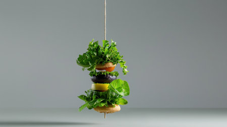 A creative display featuring stacked fresh vegetables and herbs hanging elegantly, representing health, freshness, and innovative food presentation. Perfect for culinary inspirations.の素材