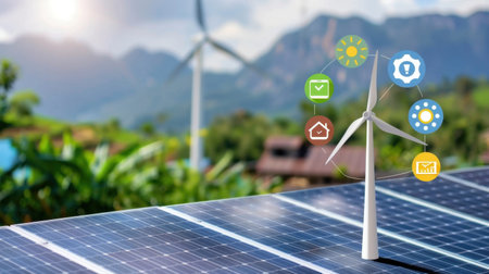 A stunning view of a wind turbine standing prominently in front of solar panels, showcasing renewable energy in a lush green environment with mountains in the backdrop.の素材
