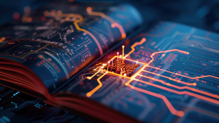 Stunning image of an open book featuring vibrant circuitry and a microchip, symbolizing the fusion of technology and knowledge in a futuristic context.の素材