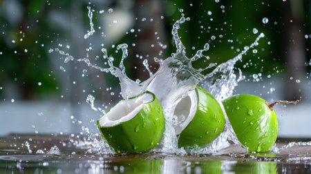 A captivating scene of fresh green apples splashing in water, creating droplets that emphasize their freshness and lively appeal, perfect for illustrating health and vitality.の素材