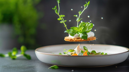 A stunning presentation of a savory dish featuring fresh herbs, creamy layers, and colorful vegetables on a modern plate, evoking culinary artistry and freshness.の素材