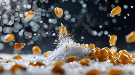 This captivating image showcases an explosive scene of popcorn creation with sugar granules and flying corn kernels, highlighting the dynamic textures and vibrant colors in a dark background.の素材
