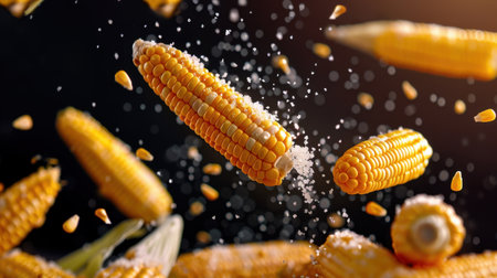 Bright yellow corn kernels fall gracefully against a dark backdrop, capturing the essence of fresh produce, perfect for healthy cooking and vibrant cuisine inspirations.の素材