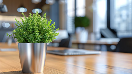 A vibrant green potted plant enhances a contemporary office space, providing a refreshing touch of nature amidst a modern and stylish workspace setting.の素材