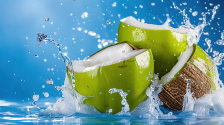 Vibrant green coconut segments splash in water against a bright blue background, creating a refreshing and exotic visual perfect for health and tropical-themed projects.の素材
