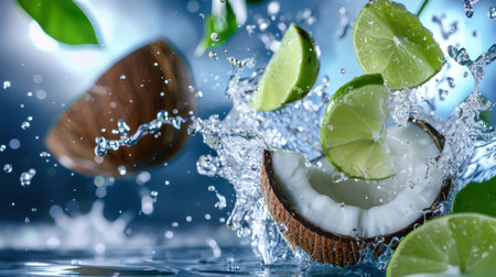 A captivating image featuring coconut and lime slices creating a refreshing splash in water, evoking a vibrant summer atmosphere and natural beauty perfect for food and drink themes.の素材