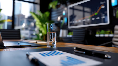 Bright and modern office workspace featuring a laptop, documents, and a glass of water, complemented by lush greenery and a digital display showcasing financial trends. Perfect for business visuals.の素材