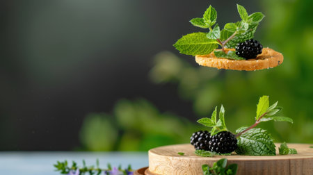 A stunning arrangement of fresh blackberries and mint leaves on a wooden board. The blurred green background adds a natural vibe, perfect for culinary inspiration.の素材