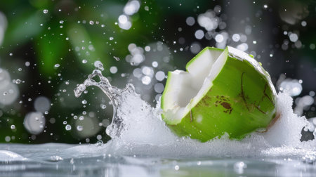 The image captures a cracked coconut with water droplets splashing around it, symbolizing freshness and vitality in a vibrant tropical environment.の素材