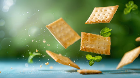Delicious crackers float above a wooden surface, surrounded by fresh mint leaves, creating an appealing and vibrant culinary scene with a soft-focus green background.の素材
