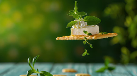 A beautiful arrangement featuring creamy cheese atop a crisp cracker, enhanced by fresh herbs, set against a softly blurred natural backdrop, perfect for food enthusiasts.の素材