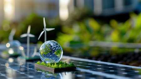A captivating scene showcasing sustainable energy concepts with intricate details of solar panels, a miniature globe, and wind turbines among vibrant greenery in an urban setting.の素材