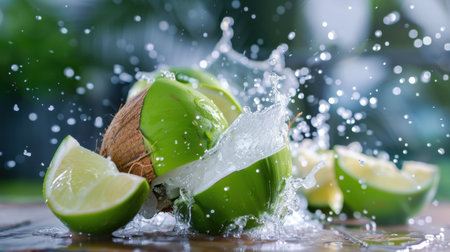A vibrant scene showcasing fresh coconut and lime surrounded by splashes of water on a wooden surface, capturing the essence of tropical freshness and vitality in a natural setting.の素材