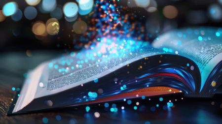 This captivating image features an open book with sparkling light effects, creating a magical ambiance perfect for inspiring creativity and imagination in reading or learning environments.の素材