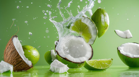 A dynamic composition featuring fresh coconut and lime bursting in water splashes against a vibrant green backdrop, evoking a sense of tropical freshness and vitality.の素材