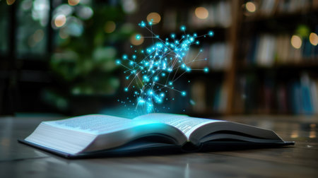 An open book emits vibrant blue particles, symbolizing knowledge and creativity in a cozy library. This image embodies the fusion of traditional literature and modern technology.の素材