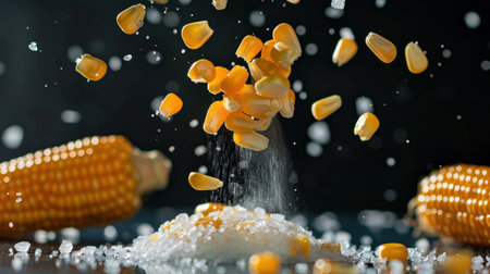 A striking close-up of yellow corn kernels cascading over granulated sugar, set against a dark background with fresh corn ears. Ideal for food and nutrition visuals.の素材