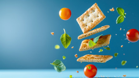 A vibrant and dynamic composition featuring crispy crackers, fresh herbs, and cherry tomatoes floating against a soothing blue background, perfect for food-related themes.の素材