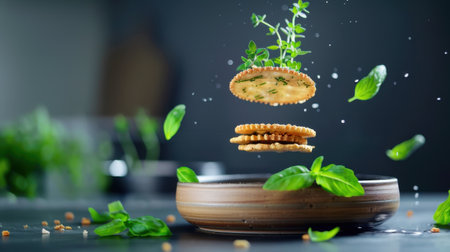 A dynamic food composition featuring floating crackers with fresh herbs, highlighting culinary artistry and vibrant colors in a modern kitchen atmosphere. Ideal for food enthusiasts.の素材